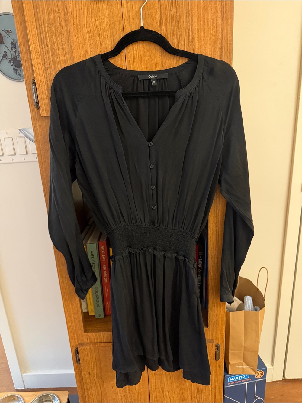 Quince Black Long-Sleeve Smocked-Waist Button Dress